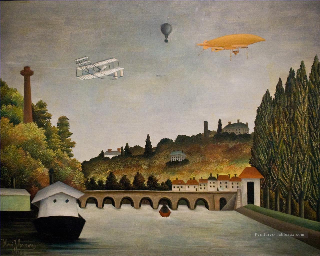 Vue du pont de Sèvres et des collines de Clamart Saint Cloud et Bellevue avec ballon biplan et dirigeable Henri Rousseau post impressionnisme Naive primitivisme Peintures à l'huile